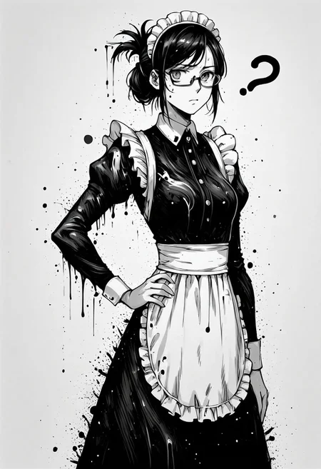 score_9, score_8_up, score_7_up, score_6_up, ink splats, monochrome, ink, 1girl, clagwimoth, confused, ?, cowboy shot, maid, starry dress, long dress, white apron, maid headdress, gray eyes, glasses, black hair, folded ponytail, one hand on hip, confused expression, cloudy background,