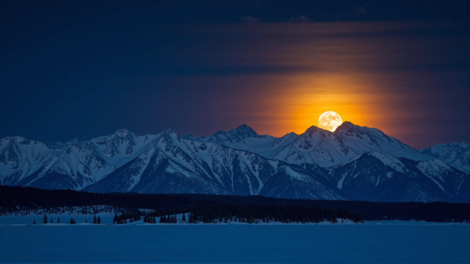 A breathtaking photograph of a full moon rising over a snow-covered mountain range, casting an ethereal glow over the landscape. The sky is deep and dark, creating a striking contrast with the bright orange moon, tinged with subtle hints of golden yellow.
The towering mountains, blanketed in pristine snow, stand majestically, their rugged peaks illuminated by the soft, ambient light. Scattered trees add depth and texture to the composition, their silhouettes accentuating the vastness of the winter terrain.
In the background, the setting sun casts a warm, golden glow, blending seamlessly with the moonlit sky. The interplay of cool blue shadows and soft, warm highlights creates a visually stunning contrast, evoking a sense of tranquility and awe.
The overall mood is peaceful and serene, with the stillness of the snowy wilderness enhanced by the luminescent beauty of the moon and the fading light of the sun. A masterfully composed, high-resolution cinematic landscape, capturing the grandeur of nature's quiet majesty.