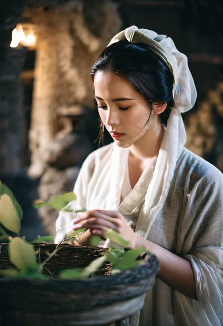 A light gauze tent, a young woman, dressed in white ancient Chinese attire, sexy, with a white headscarf, elegantly rotating a stone mill, willow leaves fluttering, cool light, foreground blocked by flowers, portrait photography, realistic style, sharp focus, intricate, elegant, dynamic composition, rich deep colors, ambient, shiny, beautiful, sublime