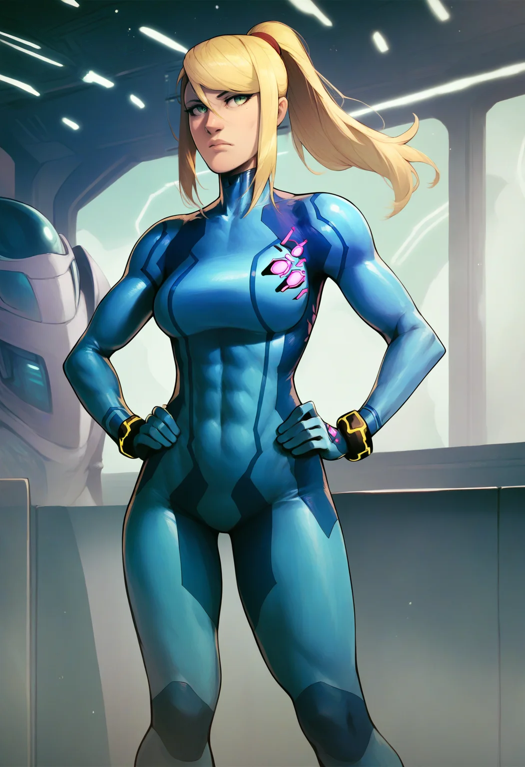 score_9, score_8_up, score_7_up, score_6_up, score_5_up, score_4_up, 1girl, samus aran, green eyes, blonde hair, medium hair, ponytail, sidelocks,
blue bodysuit,
standing, hands on hips, spaceship background <lora:DevilHSXLLocon:1>