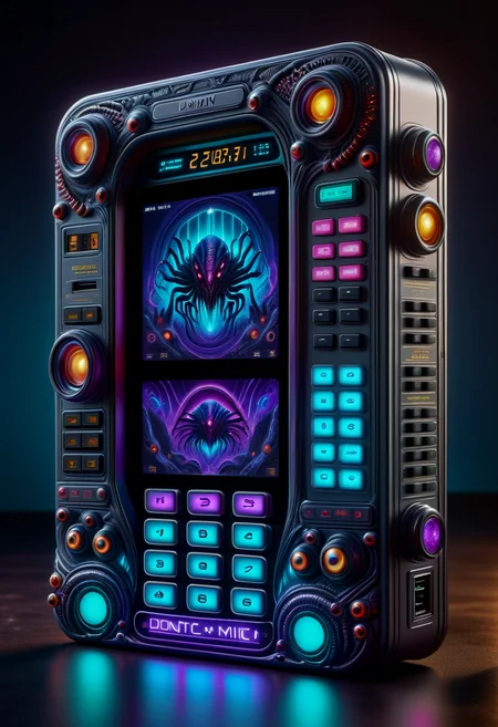 hyper detailed masterpiece, dynamic realistic digital art, awesome quality,DonMX3n0XL,calculator, volume settings (high/low),illuminated signage,ethernet ports,lockout/tagout,usb-c ports, zigzag, tiled, bio organic alien, eerie glow <lora:DonMX3n0XL-000008:0.8>