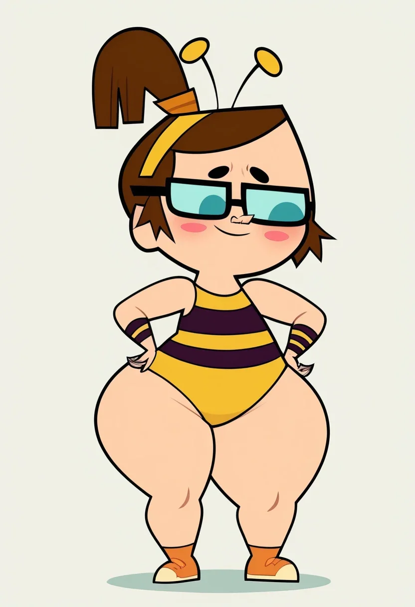 BethTDR, 1girl, black eyes, black glasses, brown hair, ponytail, bee costume, yellow and black striped tank top, bottomless, orange shoes, yellow headband, yellow antennae, short, chibi, black and yellow striped wristbands, cosplay, missing tooth, solo, full body, score_9, score_8_up, score_7_up, solo, adorable, wide hips, huge hips, thick thighs, huge thighs, naked, horny, :3, blushing, aroused, huge ass, young, cute, thick thighs,( wide hips:1.2),, white background, whole body, hands on hips