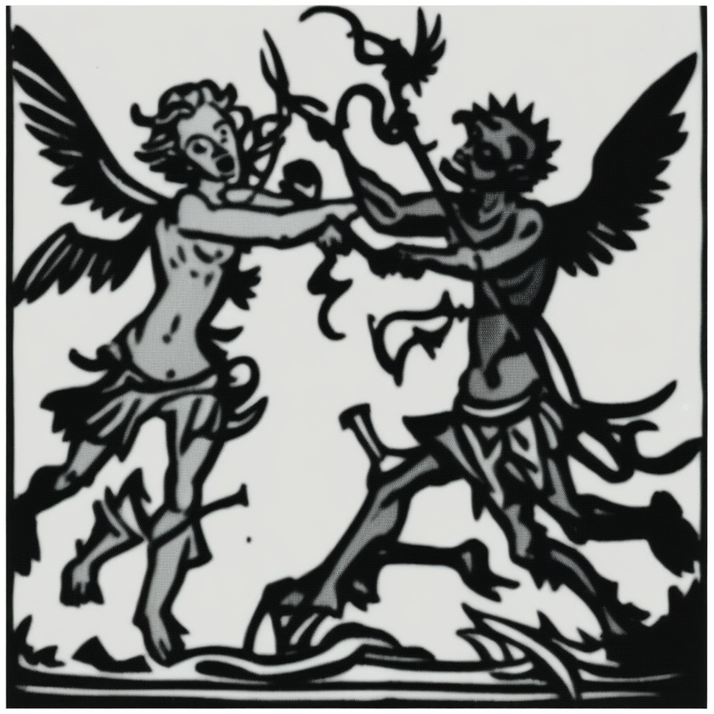 tatimedio angel fighting a devil monster