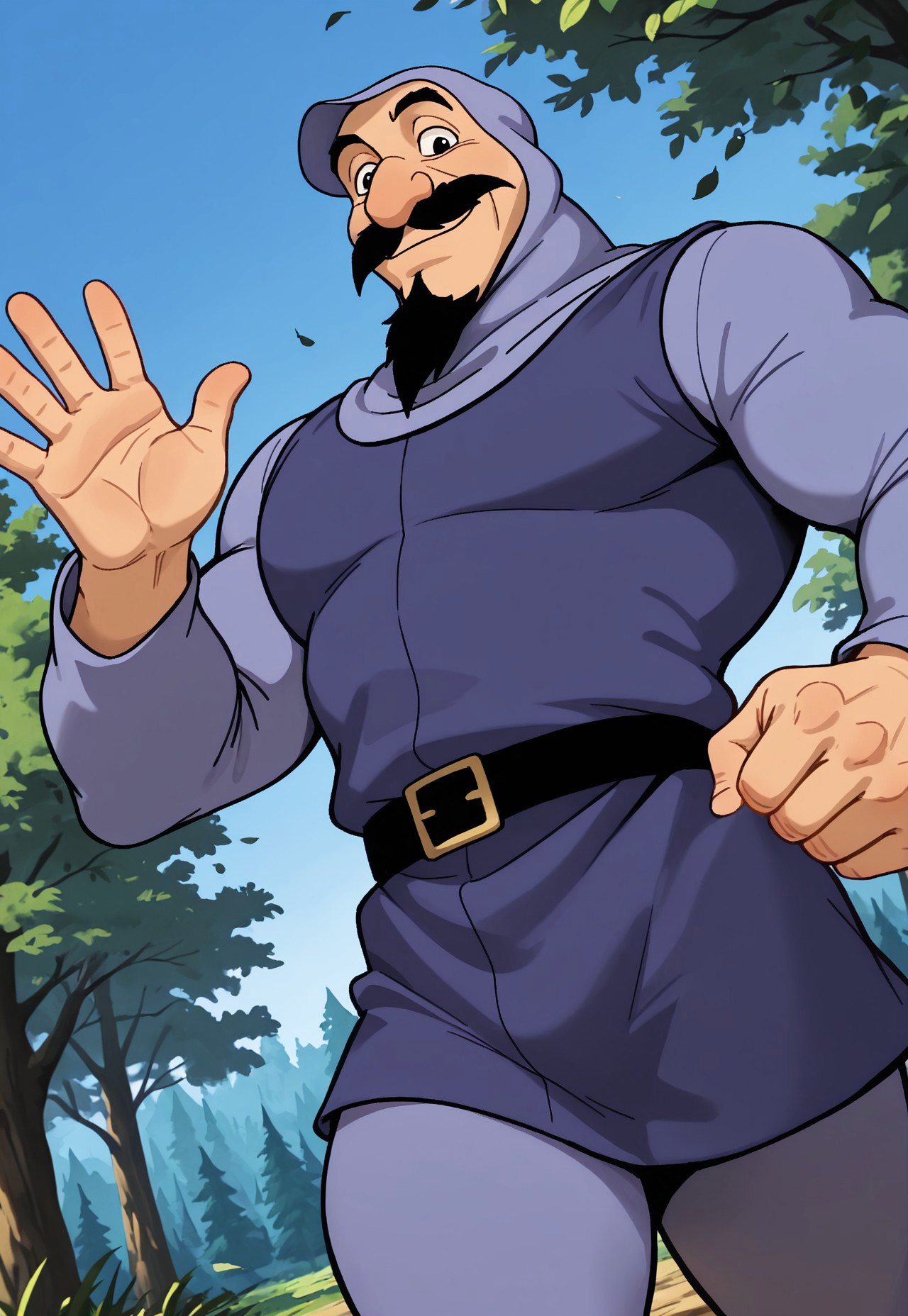 masterpiece, best quality, amazing quality, DukeIgthorn, black hair, black eyes, mustache, beard, mature male, muscular, hooded bodysuit, hood up, blue tunic, long sleeves, looking at viewer, smile, dynamic pose, detailed background, dutch angle, cowboy shot, forest, trees, blue sky, upper body, black belt, leaves on the wind, waving, walking down, below view,