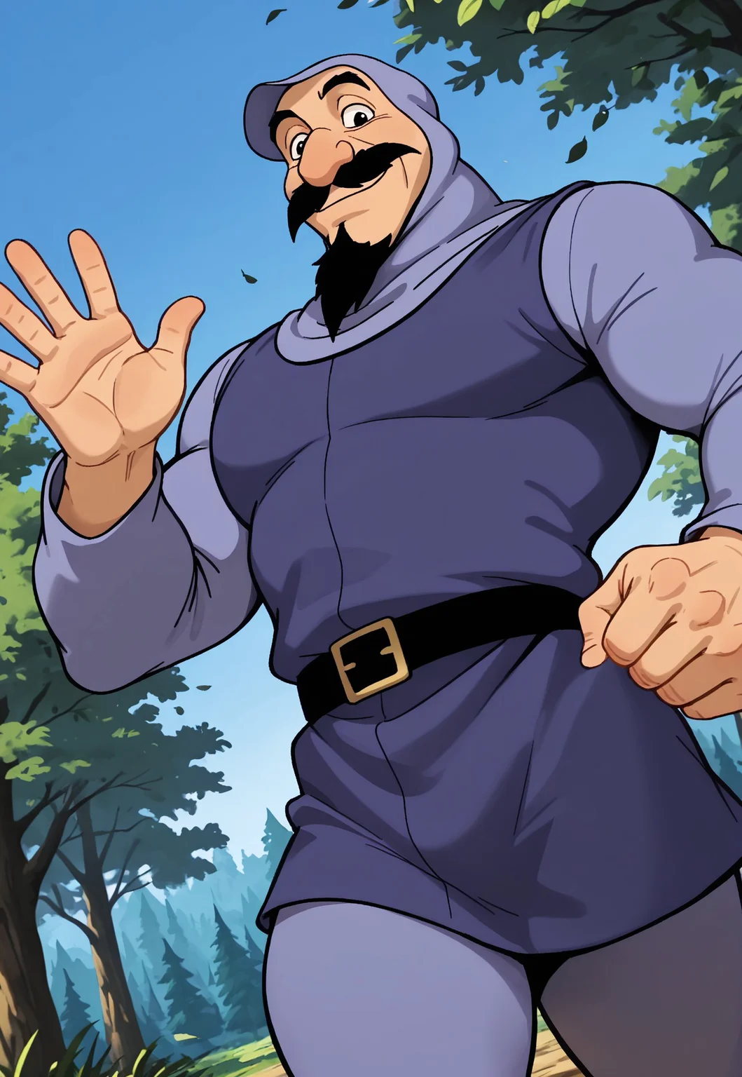 masterpiece, best quality, amazing quality, DukeIgthorn, black hair, black eyes, mustache, beard, mature male, muscular, hooded bodysuit, hood up, blue tunic, long sleeves, looking at viewer, smile, dynamic pose, detailed background, dutch angle, cowboy shot, forest, trees, blue sky, upper body, black belt, leaves on the wind, waving, walking down, below view,