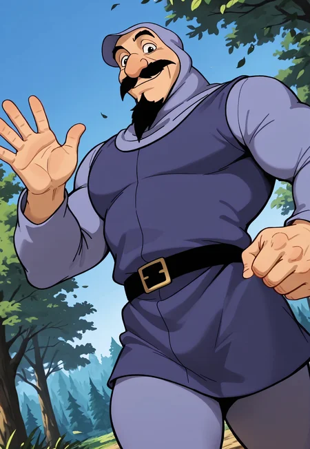 masterpiece, best quality, amazing quality, DukeIgthorn, black hair, black eyes, mustache, beard, mature male, muscular, hooded bodysuit, hood up, blue tunic, long sleeves, looking at viewer, smile, dynamic pose, detailed background, dutch angle, cowboy shot, forest, trees, blue sky, upper body, black belt, leaves on the wind, waving, walking down, below view,