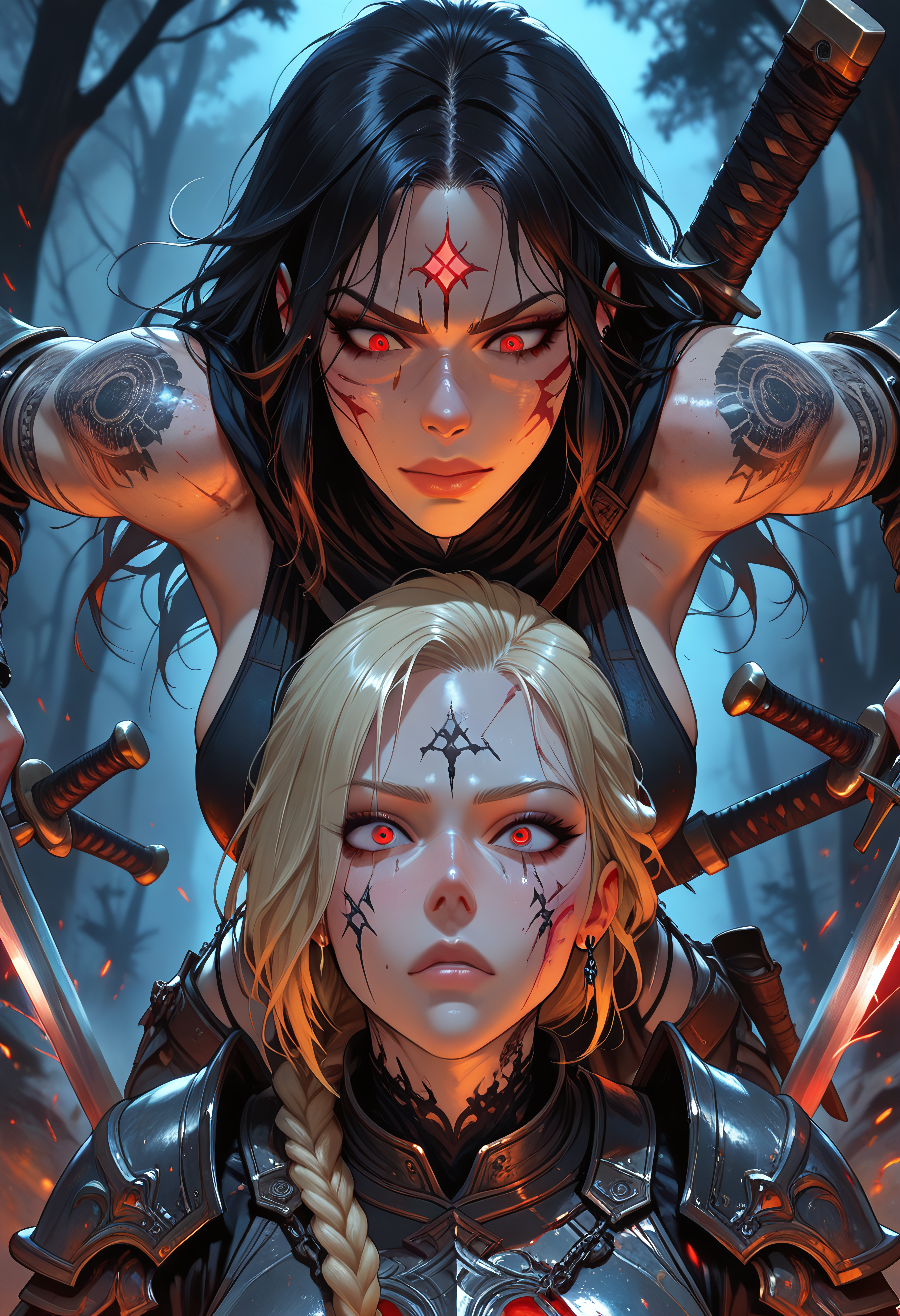 highres, very detailed, amazing quality, masterpiece,
very aesthetic,
particle effect, particle effects,

2girls, tan skin, warriror, knight, holy knight, long braided hair, Black hair, red eyes, perfect eyes, scars, scars on face, blonde highlights in hair, beautiful, Large breasts, perfect body, muscle tone, cross tattoo, cross tattoo on cheek, tattoos, arm tattoo, leg tattoo, neck tattoo, piercings, armor, tabard, red and black tabard, armor plating, jewelery, enchanted armor, enchanted sword, engraved armor, greatsword, long sword, curvy, 

fighting in a dark forest, foreshortening, focused, intense, night, at night, dark forest, dark, foggy, witchcraft symbols hanging from tree, symbols carved into trees, ritural markings, ominous, eerie,  

(action shot, sword fight, sword duel), 2 girls sword fighting, swords locked together, battle, swords clashed together, two swords hitting each other, parrying a sword, crossed swords, crossed blades, 

(Face Focus, Close up), 