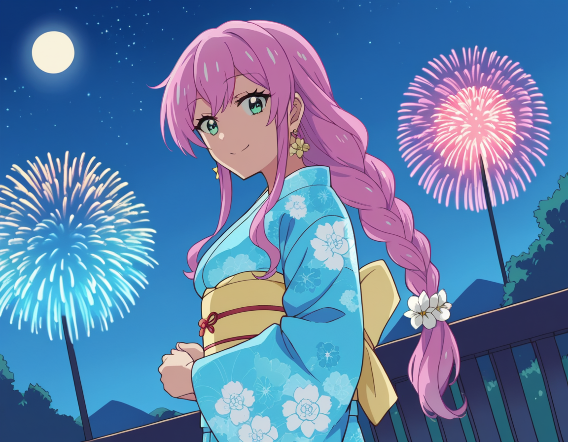 score_9, score_8_up, score_7_up, source_anime,
akariwatanabe, <lora:akari-watanabe-s1-ponyxl-lora-nochekaiser:1>,
akari watanabe, long hair, pink hair, multicolored hair, aqua eyes,
jewelry, braid, earrings, japanese clothes, kimono, sash, obi, yukata, blue kimono, flower, flower print,
outdoors, fireworks, night, moon, starry sky, smile,
cowboy shot, looking at viewer, solo, dutch angle,