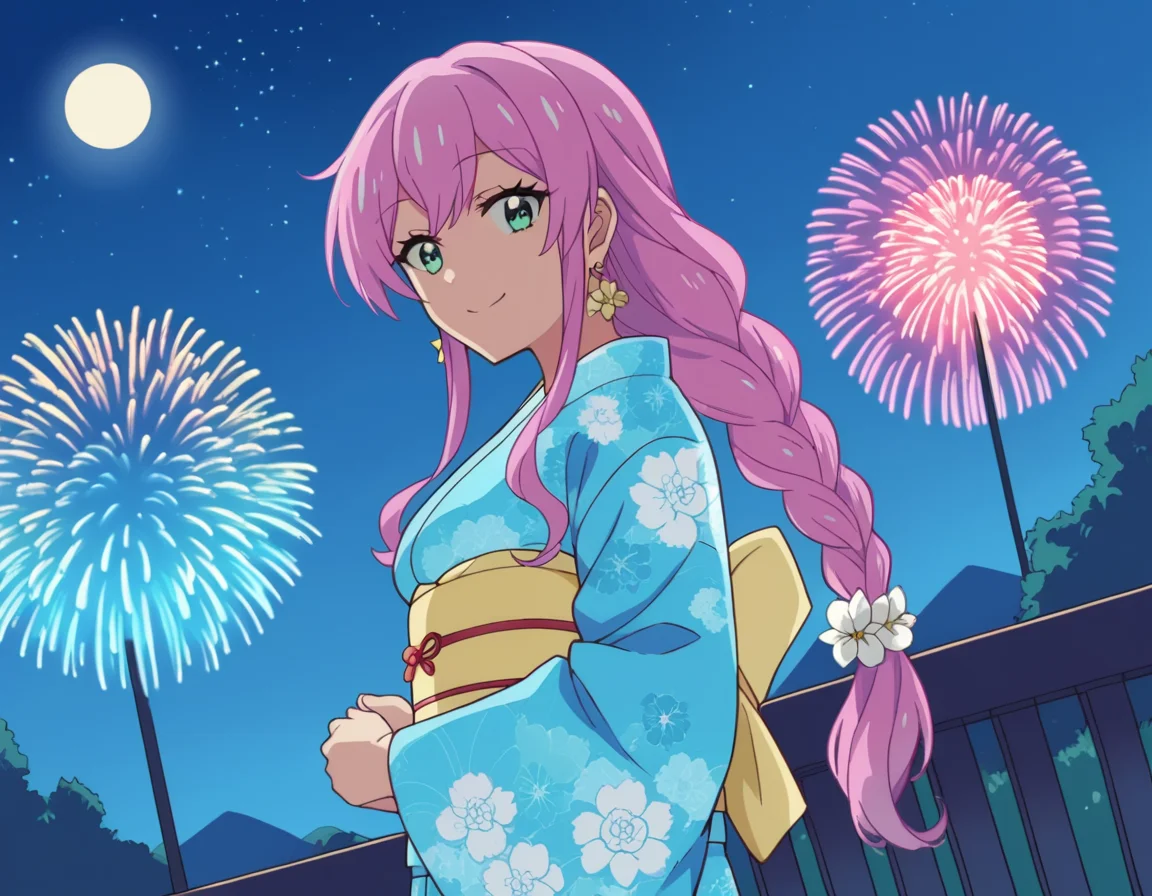 score_9, score_8_up, score_7_up, source_anime,
akariwatanabe, <lora:akari-watanabe-s1-ponyxl-lora-nochekaiser:1>,
akari watanabe, long hair, pink hair, multicolored hair, aqua eyes,
jewelry, braid, earrings, japanese clothes, kimono, sash, obi, yukata, blue kimono, flower, flower print,
outdoors, fireworks, night, moon, starry sky, smile,
cowboy shot, looking at viewer, solo, dutch angle,