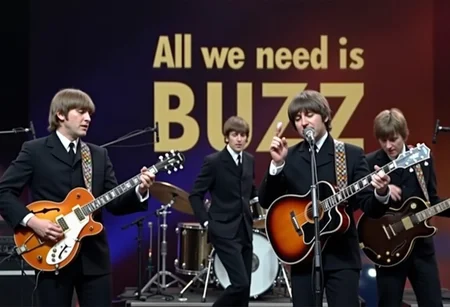 The Beatles singing a song on a stage, a large sign on the stage with text "All we need is Buzz"