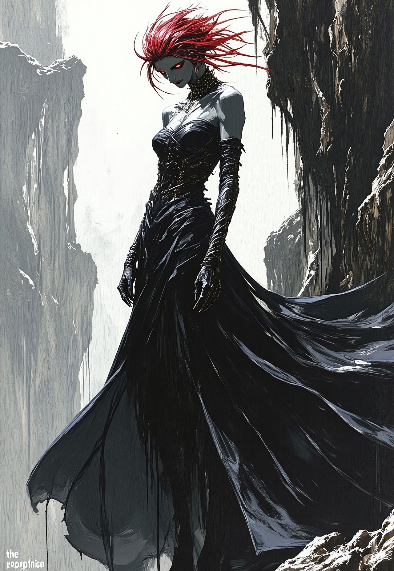 Create this dramatic impasto artwork with a touch of abstract expressionism: a woman with a bordeau-red wild mane, a symmetrical beautiful face, muscular arms, blight skin, wearing a vibrant, flowing dark charcoal dress standing on a perilous-looking cliff edge. The dress has dramatic ruching and draping that accentuates her figure, giving the impression of both elegance and vulnerability. The stark contrast between the woman's striking bordeau-red hair and the dark, rocky surroundings creates a sense of tension and drama. The woman's eyes are downcast, adding to the sense of emotional weight and mystery. Overall, the painting evokes a powerful sense of narrative, suggesting a story or emotional state waiting to be explored. 
'The Precipice' in eerie, bordeau-red serif font at the left. 
Tagline 'Believe in Yourself' in smaller, white font at the bottom
The painting with a focus on detailed textures and dramatic lighting features a monochromatic scheme, primarily with shades of black, white, and gray. 
Concept art, digital art, digital painting, matte painting, megascans.