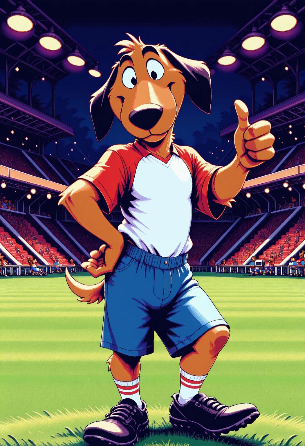 masterpiece, best quality, amazing quality, very aesthetic, absurdres, newest, pc98, pixel art, solo, cute, male, anthro, furry, dog, black ears, floppy ears, black eyes, brown fur, white top, short red sleeves, blue shorts, socks, black shoes, hand on hip, thumbs up, proud, smile, head tilt, looking at viewer, indoors, soccer field, close up, night, stadium lights, (4 fingers), <lora:Striker_-_1994_FIFA_World_Cup_Mascot_Illustrious:1.2> <lora:PC-98_Style_Illustrious:1.4>