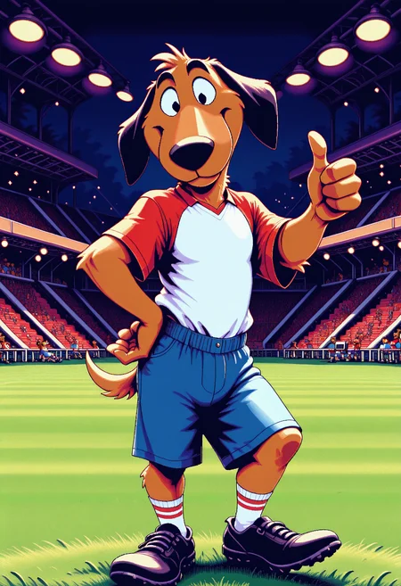 masterpiece, best quality, amazing quality, very aesthetic, absurdres, newest, pc98, pixel art, solo, cute, male, anthro, furry, dog, black ears, floppy ears, black eyes, brown fur, white top, short red sleeves, blue shorts, socks, black shoes, hand on hip, thumbs up, proud, smile, head tilt, looking at viewer, indoors, soccer field, close up, night, stadium lights, (4 fingers), <lora:Striker_-_1994_FIFA_World_Cup_Mascot_Illustrious:1.2> <lora:PC-98_Style_Illustrious:1.4>