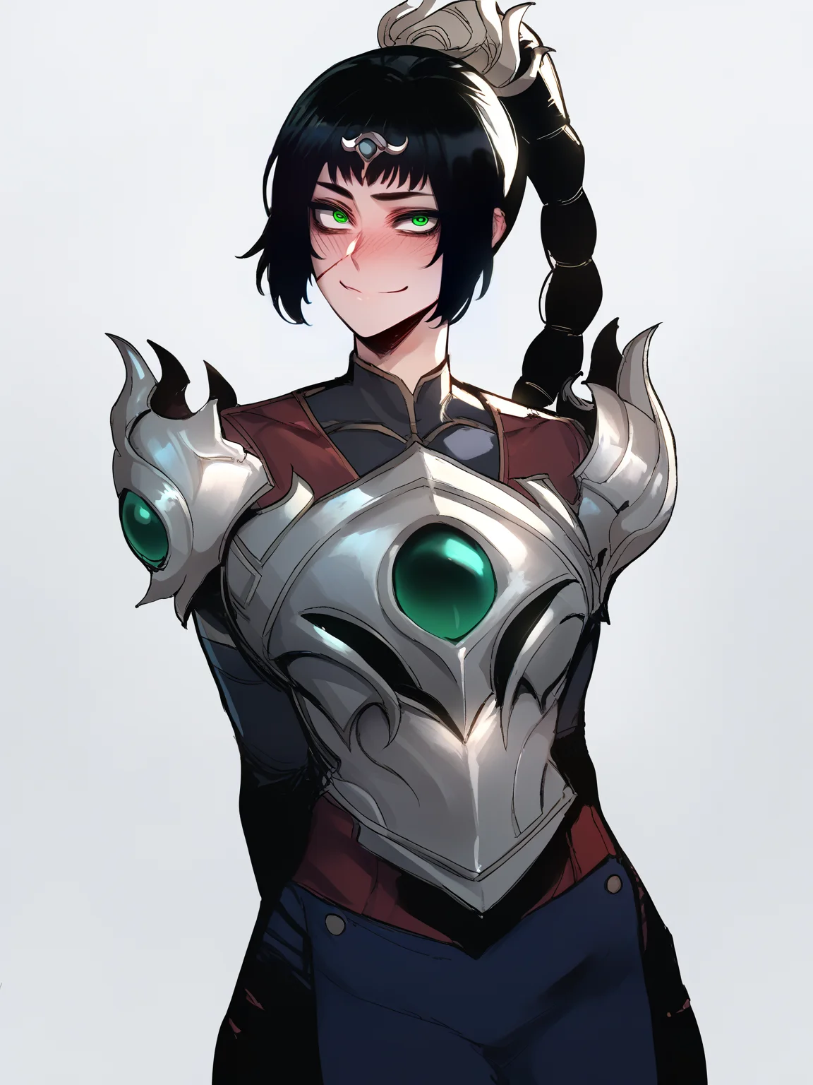 score_9, score_8_up, score_7_up, score_6_up, score_5_up, score_4_up, BREAK, source_anime, 1girl, solo, shadowheart, black hair, braided ponytail, green eyes, scar on face, circlet, looking at viewer, armor, arms behind back, evil smile, blush, standing, white background <lora:ShadowHeartXL:0.8> <lora:Ratatatat74XLLocon:1>