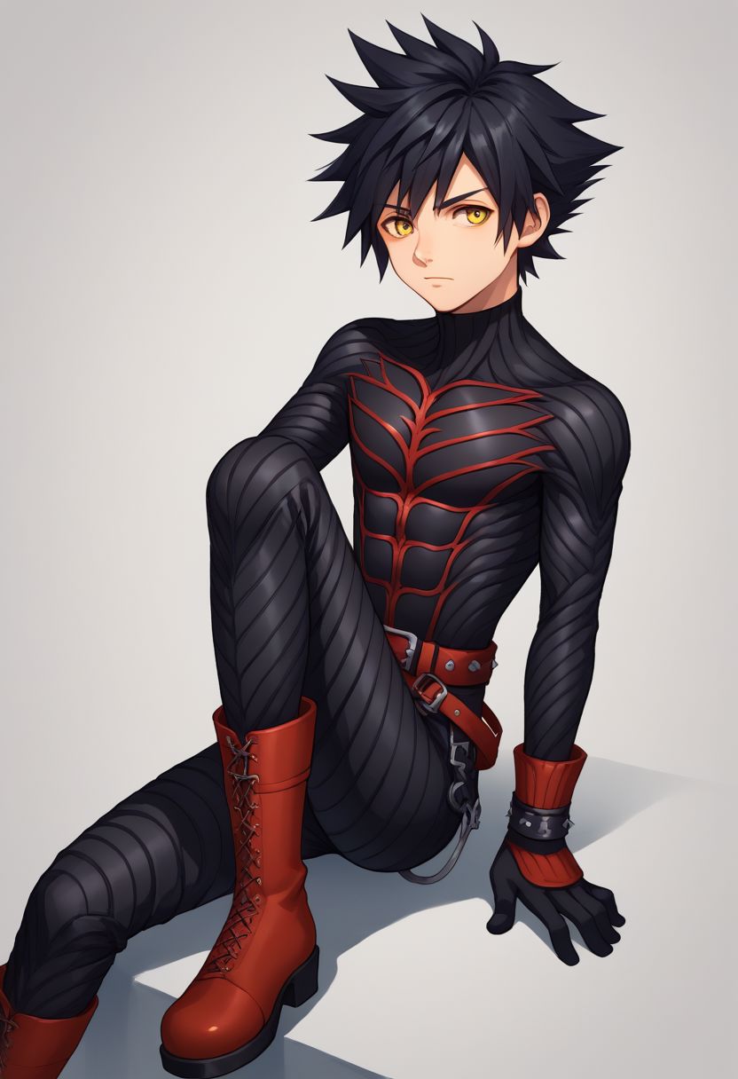score_9, score_8_up, source_anime, highly detailed, 1boy, solo, male_focus,
vanitas, solo, 1boy, male focus, spiked hair, black hair, yellow eyes, boots, belt, knee boots, gloves, bodysuit,
