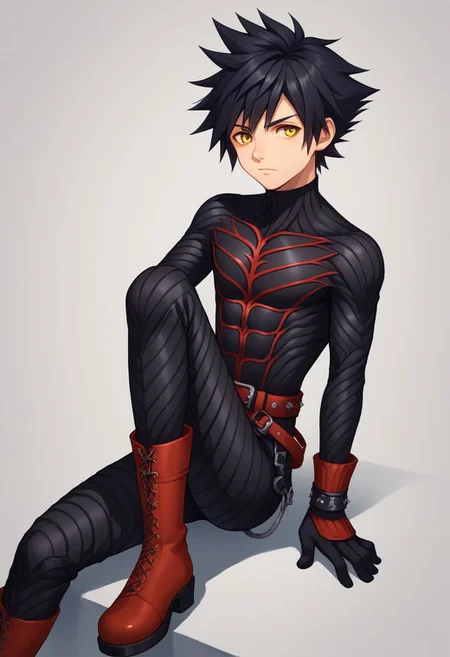 score_9, score_8_up, source_anime, highly detailed, 1boy, solo, male_focus,
vanitas, solo, 1boy, male focus, spiked hair, black hair, yellow eyes, boots, belt, knee boots, gloves, bodysuit,