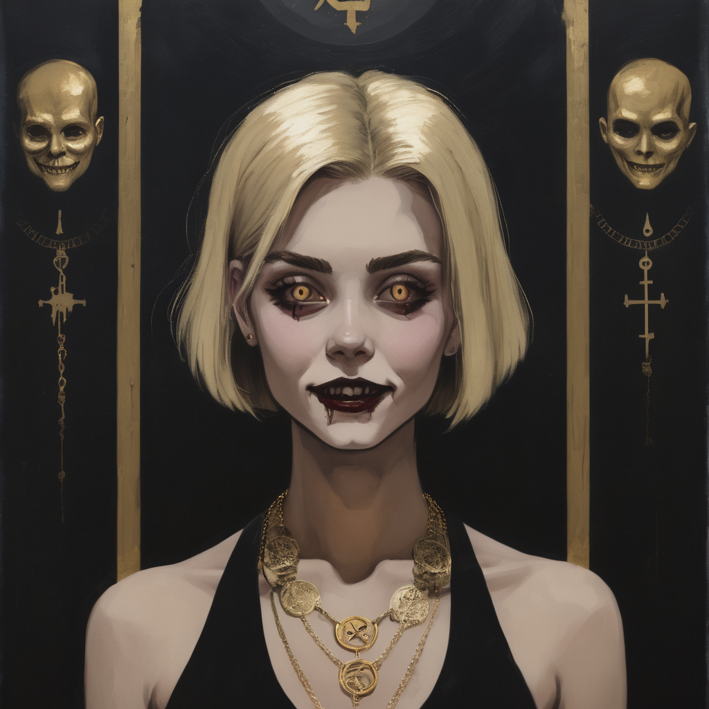 VtmArt, painting of a girl with short blonde hair and a creepy smile and a gold necklace in front of a wall with occult symbols, <lora:VtmArt:1>, at night
