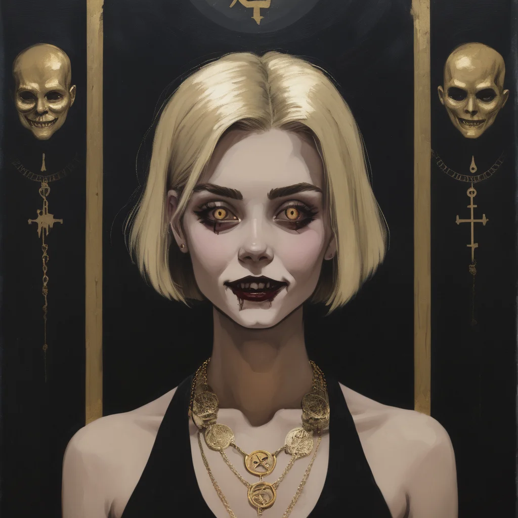 VtmArt, painting of a girl with short blonde hair and a creepy smile and a gold necklace in front of a wall with occult symbols, <lora:VtmArt:1>, at night