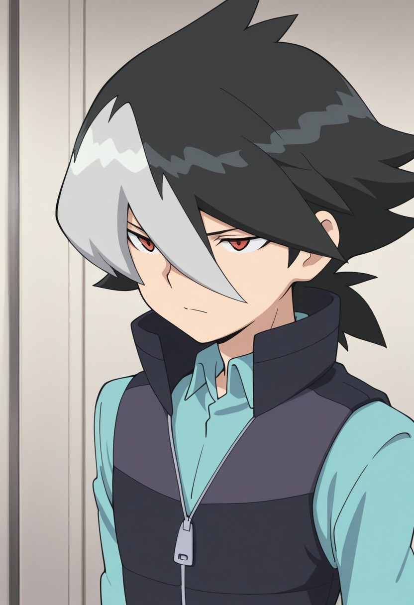 masterpiece,best quality,amazing quality, 
JinKaidou, 1boy, male focus, solo, red eyes, multicolored hair, black hair, grey hair, hair between eyes, shirt, blue shirt, collared shirt, vest, popped collar, zipper, zipper pull tab,