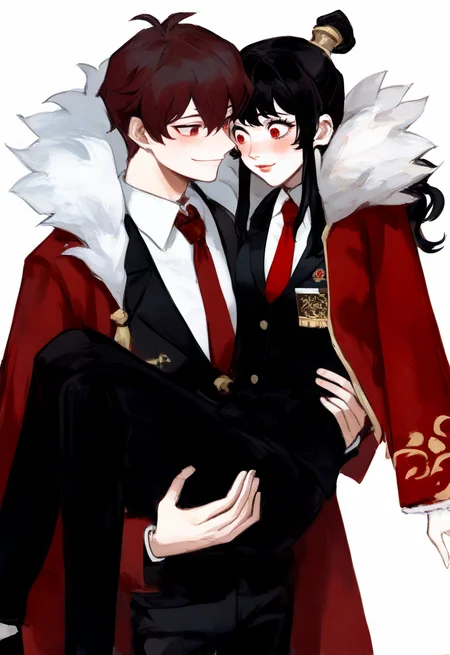 (score_9, score_8_up:1.1), score_7_up, masterpiece, perfect face, beautiful face, perfect hands, beautiful hands, <lora:princess_carry_v0.3-pony:1>, 1girl, 1boy, simple background, white background, carrying, princess carry, upper body, lips, holding person, girl carry, BREAK
boy, <lora:LowellLOR:0.8>, LowellLOR, red male hair, short hair, red eyes, white shirt, red necktie, black vest, black pants, black footwear, red coat, open coat, blush, BREAK
girl, <lora:Xiao_Library_Of_Ruina:0.8>, XiaoLOR, long hair, black female hair, ponytail, red eyes, XiaoNormal, black pants, red necktie, red coat, fur trim, black jacket, white shirt, happy face, blush