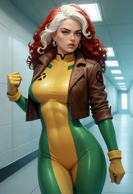 score_9, score_8_up, score_7_up, score_6_up, score_5_up, score_4_up, clsscrgedsk, 1girl, solo, long hair, red hair, jewelry, large breasts, white hair, multicolored hair, curly hair, earrings, parted lips,  brown jacket, leather jacket, bodysuit, fight pose, wide hips, feminine, marvel comics, multicolored bodysuit, green bodysuit, yellow bodysuit, indoors, futuristic, corridor, source_cartoon, nsfw ,