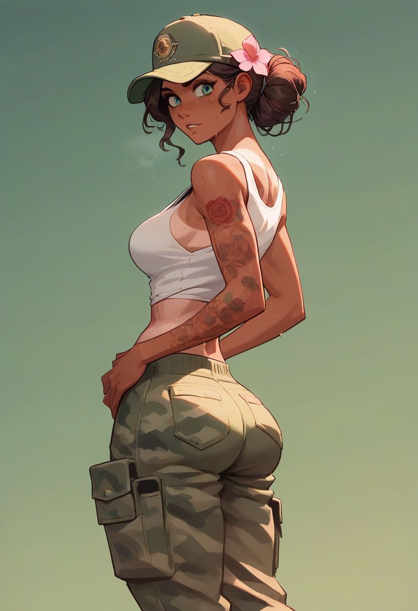 score_9, score_8_up, score_7_up, score_6_up, semi realistic, stunning beautiful, masterpiece, raw quality, best quality, extremely detailed, green theme, exuberant style, grounded mood, indiferent, femme fatale, tanned skin, tanlines, long wavy dark brown hair, pink flower hairpin, pale green eyes, tonned legs, medium breasts, large hips, slim waist, big buttocks, delicate tattoos, loose-fitting camouflage cargo pants, combat boots, white tank top, green cap, white tank top, green cap, sweaty