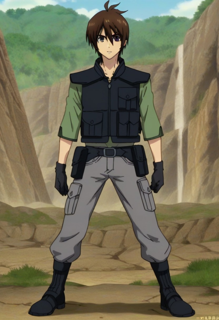((masterpiece)), ((best quality)), ((ultra-detailed)), ((absurdres)), score_9_up, score_8_up, score_7_up,
HD, top quality, best quality, amazing quality, High-quality illustrations, anime screencap, source_anime, best aesthetic, perfect proportions, perfect eyes, 1boy, 1male, male anime character, anime boy, solo male, male focus, handsome, attractive, cute, sexy, ((lean body, fit body, athletic body)), ((tall, tall body, tall height)), looking at viewer, looking at front, front shot, front view, Tusk, brown hair, purple eyes, necklace, green shirt, gray pants, black army vest, black gloves, black boots, full body shot, head to feet shot
