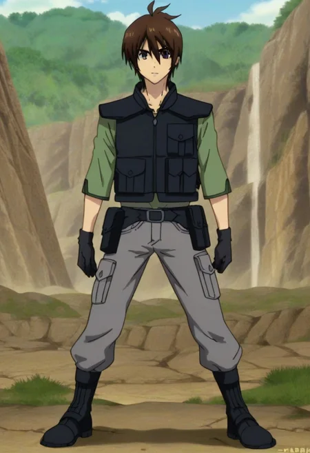 ((masterpiece)), ((best quality)), ((ultra-detailed)), ((absurdres)), score_9_up, score_8_up, score_7_up,
HD, top quality, best quality, amazing quality, High-quality illustrations, anime screencap, source_anime, best aesthetic, perfect proportions, perfect eyes, 1boy, 1male, male anime character, anime boy, solo male, male focus, handsome, attractive, cute, sexy, ((lean body, fit body, athletic body)), ((tall, tall body, tall height)), looking at viewer, looking at front, front shot, front view, Tusk, brown hair, purple eyes, necklace, green shirt, gray pants, black army vest, black gloves, black boots, full body shot, head to feet shot