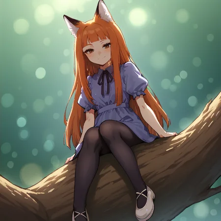score_9, score_8_up, score_7_up, score_6_up, source_anime, film grain, (cinematic angle:1.2), [realistic:0.9], [3d:0.9], from below
perspective, best quality,  <lora:Fixhands_anime_bdsqlsz_V1:1>, <lora:anti_human_ears:1.3>,<lora:StS_age_slider_v1_initial_release:0.1> 
 girl, (fox ears:1.2), [ginger:blonde:0.5] hair, long hair, hime cut,straight hair, brown eyes,violet sundress,small breasts, skinny,  light smile,neck,(tsurime,narrowed eyes:1), (yaeba:0.1),puffy sleeves,(sitting on tree:1.1),black tights,white footwear, 
,green background,tree,blurry background, (dappled sunlight:1.6),(lot of bokeh:1.8),<lora:Ring_Bokeh:0.7>, <lora:Sh1r3nXLP:0.7>