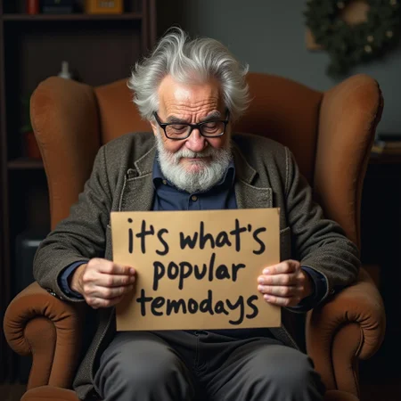 An old grandpa with gray hair, sitting on a comfortable chair, shaking and trembling, holding a sign saying "it's what's popular nowadays"