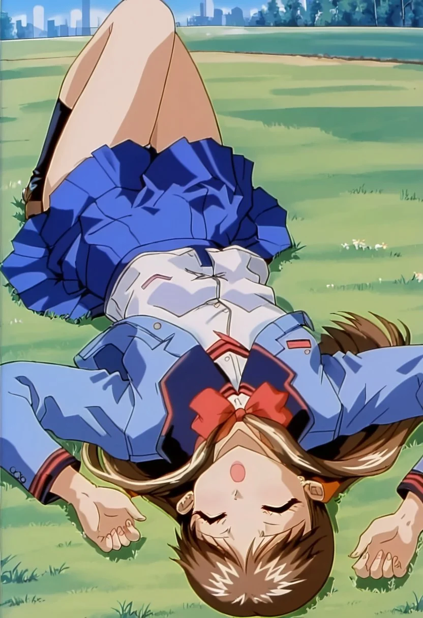 close-up, depth of field, alone, 1 girl, cute face, long hair, brown hair, closed eyes, skirt, blue skirt, shirt, white shirt, bow, red bow, red bowtie, school uniform, jacket, blue jacket, long sleeves, red tie, bowtie, lying down, on back, open arms, on grass, sleeping, outdoors, grass