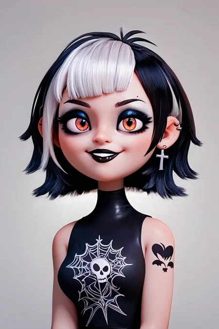score_9, score_8_up, score_8, medium breasts, (curvy), cute, eyelashes, BREAK, , ,,, <lora:GothMavis_PDXL:0.8>, zzGothMavis, black hair, white hair, makeup, short hair, black lips, multicolored hair, two-tone hair, ear piercing, eyeshadow, gothic, shirt, lipstick, tattoo, turtleneck, cross ,,, , BREAK, smile, looking at viewer, cowboy shot, ,,, embedding:zPDXL, Expressiveh, ,,, <lora:CuteToonPDXL:0.8>, <lora:SDXLFaeTastic2400:0.5>, <lora:Expressive_H-000001:0.4>,