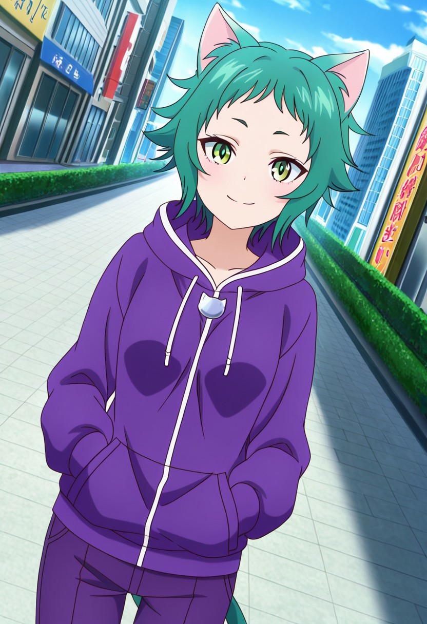 general,highres, ultra-detailed,very aesthetic,best quality ,best hands,best eyes,easynegative,
dynamic anglre, dutch angle, anime cloring,anime screencap,
1girl solo,looking at viewer,smile city,hands on pockets, 
Yaya Fushiguro,green hair, short_hair, wavy hair, green_eyes, small breasts, cat ears, cat tail,purple hoodie, short purple pants,