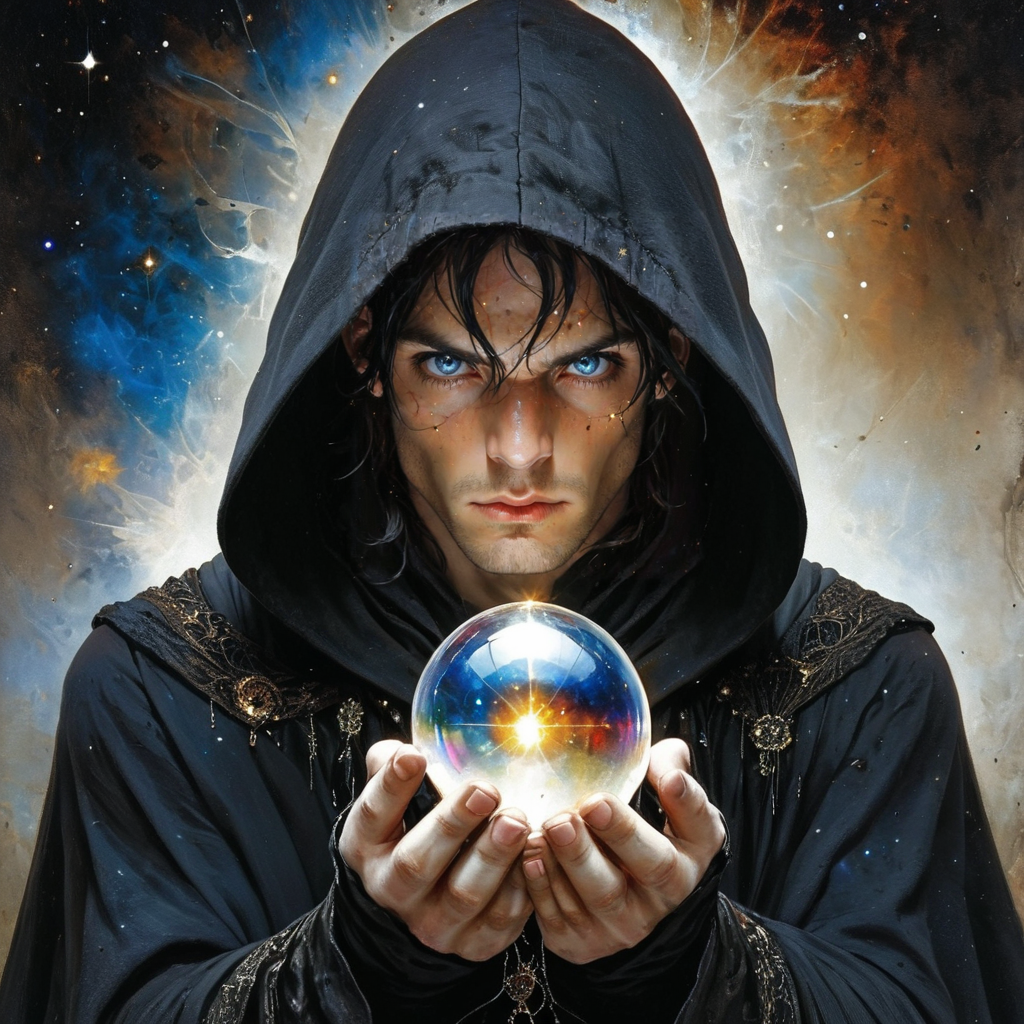 <lora:Ethereal_Gothic_RenaissanceSDXL:1> ArsMJStyle, Etherial Gothic,The image is a portrait of a young man wearing a black hooded cloak with a hood that covers his head. He is holding a crystal ball in his hands and appears to be in the process of casting it into the air. The man has long dark hair and is looking directly at the camera with a serious expression on his face. The background is dark and filled with stars and nebula giving the impression of a mystical and mystical atmosphere. The colors are vibrant and the overall mood of the image is intense and powerful., 1girl, solo, hood, blue eyes, black hair, looking at viewer, hood up, robe, upper body, realistic