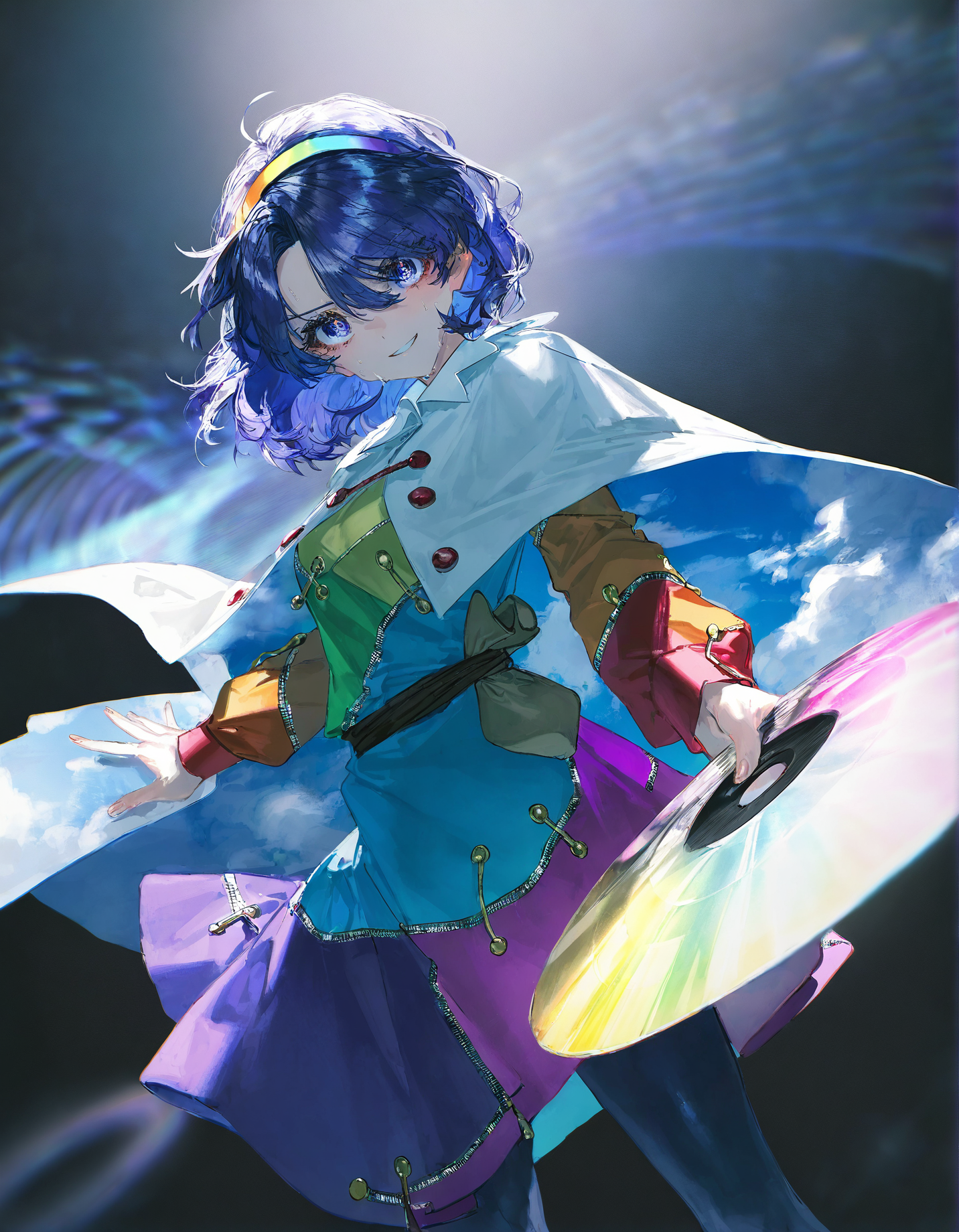 tenkyuu_chimata, 1girl ,rella, quasarcake:0.7, rolua, optical illusion, negative space,blue_hair, breasts, cape, hairband , looking_at_viewer ,multicolored_hairband, pantyhose, purple_eyes ,short_hair ,smile, solo, sweat ,white_cape, disc, holding disc, disco,
<lora:illustrious_noobai_epsilon_pred_1_best_quality_v1:0.7> ,<lora:illustrious_noobai_epsilon_pred_1_masterpieces_v1:0.7>, <lora:ponyv4_noob1_2_adamW:0.5>, <lora:add_details_xl:0.7>,
masterpiece, best quality, amazing quality, very aesthetic, absurdres, newest, <lora:CDs_SDXL:1>