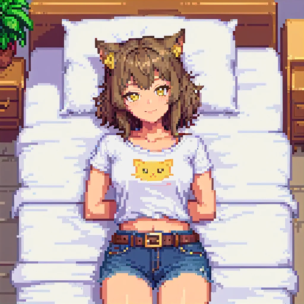 pixel art, very high detail, masterpiece, 1catgirl, solo, muscular, portrait, mature, animal ears, catears, yellow cateyes, dark ash hair, flirting, light smile, :3, blush, collarbone, ribbon in hair, cowboy shirt, jeans shorts, wide belt, outdoor, laying on bed, head on pillow, posing to viewer, <lora:add-detail-xl:3>, <lora:chest_adjust:-3>, <lora:pixelbuildings128-v2:1>