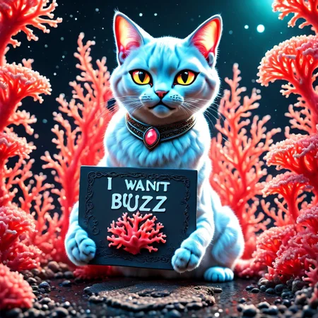 coralbugXL A cat surrounding with coral ((holding a sign reading "I WANT BUZZ"))  coralbugXL, highly detailed fantasy art, exquisite digital illustration, great digital art with details, highly detailed digital painting, surrealistic digital artwork, 3d epic illustrations,