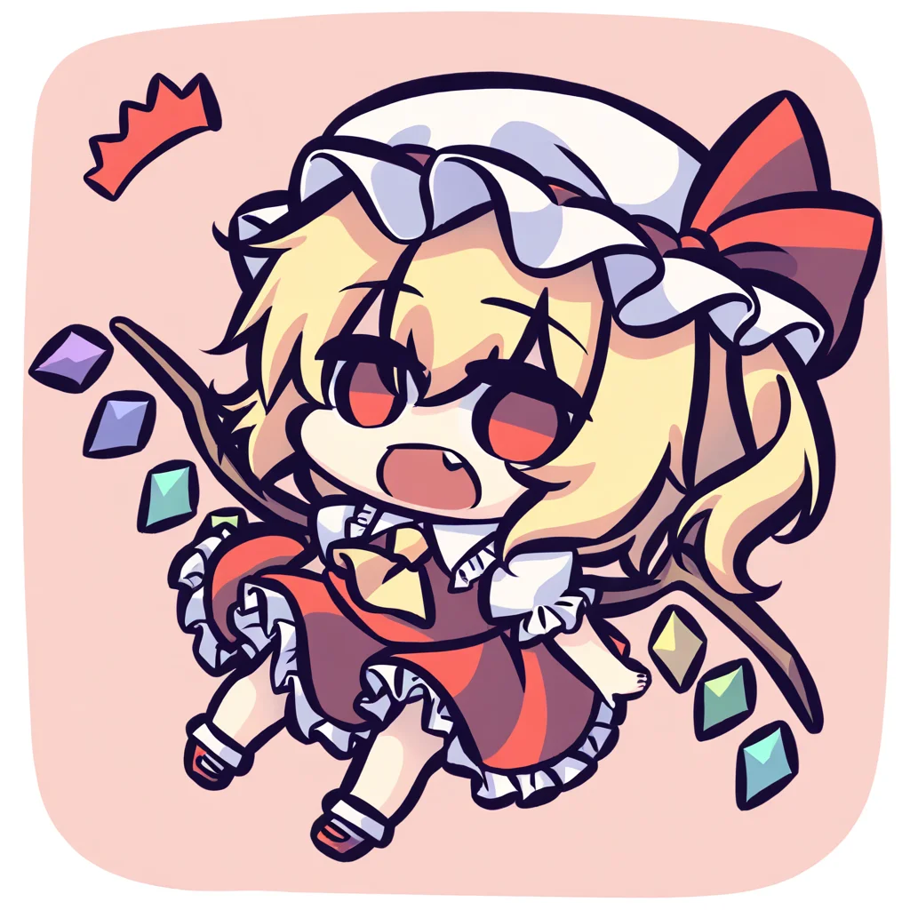chibi,solo,1girl,flandre scarlet,touhou,blonde hair,wings,red eyes,hat,ribbon,mob cap,short hair,side ponytail,hat ribbon,one side up,white headwear,bow,bangs,<lora:Kei_Style_noob-4:1>,