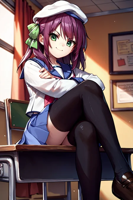 score_9, score_8_up, score_7_up, score_6_up, rating_safe, source_anime, best quality, masterpiece, classroom, sitting on desk, crossed arms, crossed legs, v shaped eyebrows, smile, closed mouth, <lora:nakamura-yuri-xl-04:1>, nakamura yuri, green eyes, school uniform, lavender skirt, black stockings,white beret
