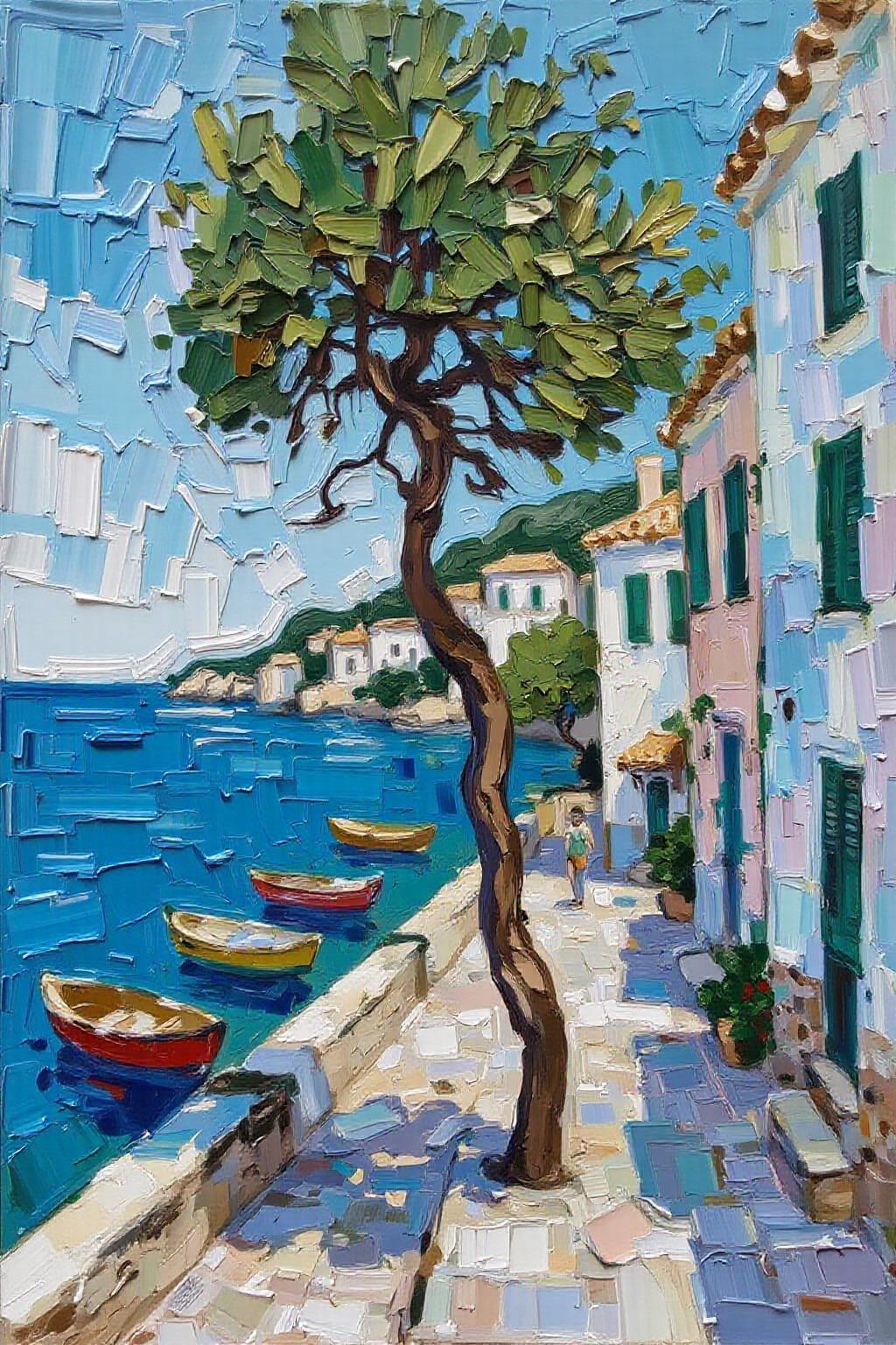 impasto oil painting.
a coastal scene is depicted in a close-up perspective. The scene is painted in shades of blue, green, and white, with a tree in the foreground. The tree casts a shadow on the right side of the frame, adding a touch of depth to the scene. To the right of the tree, a cobblestone path leads to a white building with green shutters. In front of the building, a person is walking on the path. In the left corner of the image, a body of water with a few boats floating on it. The sky is a light blue, with wispy white clouds streaming across it.
   <lora:impasto5_nocap_d6a3:1.0> <lora:Flux-Sch-SingleBlocks-BF16:1.0><lora:803880271637138696:0>