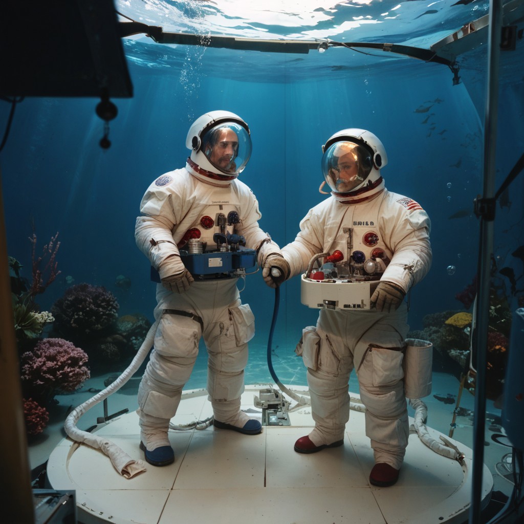 score_9, score_8_up, score_7_up, score_6_up, score_5_up, score_4_up, Visor_up, life_support_unit, Skylab_Suit, a man in an astronaut suit is working on a computer inside of a water tank while another person stands next to him with his hands on the side of the tank looking at what he is doing, holding, helmet, bubble, underwater, space, air bubble, hose, spacesuit, astronaut