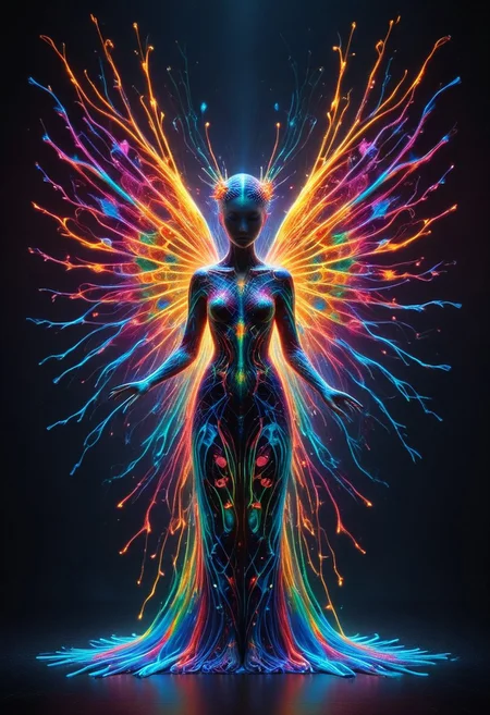 a fire entity whit multicolored flames, professional photography of an fantastical warrior fairy princess entirely made of cyberflies with whimsical elements, swirling magic, eerie fairytale landscape, elaborate fantasy style art, very colorful, intricate details, ultra sharp, exquisite detail, flawless composition, vivid colors, masterpiece, exciting background, TAS, TASvisuals, Psychedelic , Rave, Elaborate , Blacklight , Vibrant , cyberflies, black light paint, blp, Colorful Chaos Cracks and Drops, mad-glowtiedye, made out of,colorful,liquid,Murano Art Glass