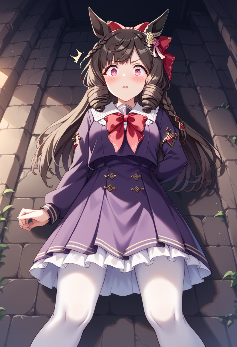 score_9, score_8_up, score_7_up, best quality, masterpiece, source_anime, zPDXL3, BREAK, <lora:daiichi_ruby_umamusume:1>  ,daiichi_ruby_(umamusume), tracen_school_uniform,, low angle, Leaning against a wall, shocked, :o, wide open eyes , blush,, in an underground dark ruins, fantasy, glowing engraved runes, sombre dark underground,,
