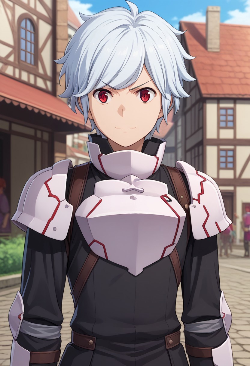 score_9, score_7_up, source_anime 
belcranel, 1boy, male focus, solo, white hair, red eyes, armor, shoulder armor, brestplate, shirt, black shirt, long sleeves, arm armor, upper body, smile, determined,
outdoor, village, medieval,