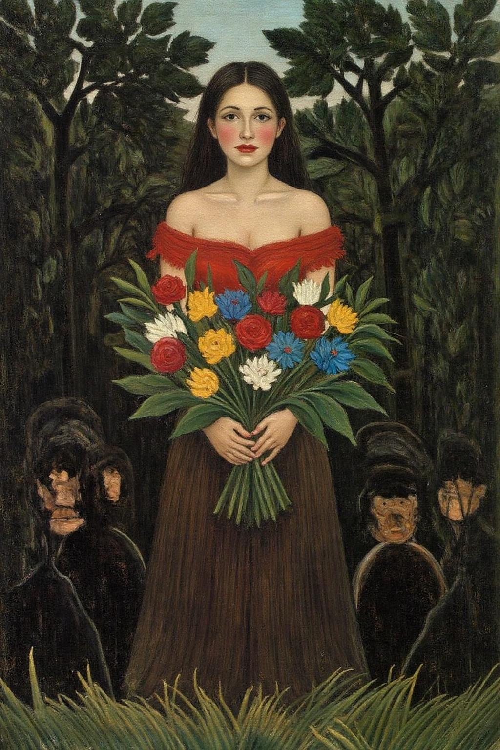 henrou1 painting
marcha9 
This image is a painting in the Surrealist style, characterized by its dreamlike and symbolic elements. The subject is a woman with a serene expression, standing in a dark, abstract background. She has fair skin, dark hair pulled back, and is dressed in a bright red, off-the-shoulder top and a dark brown skirt. She holds a vibrant bouquet of flowers in her arms, which includes red, yellow, white, and blue flowers, creating a stark contrast against her and the dark background. The flowers appear to be a mix of roses, carnations, and other colorful blooms, painted with thick, expressive brushstrokes.  <lora:henrou1_jungle_cap_d6a3e14:1.0><lora:817723745801163765:0>