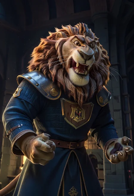 score_9, score_8_up, score_7_up,
rating_safe, looking at viewer,
roaring, action pose, (angry), action lines, view from below,
Lionheart, furry male, solo, lion, brown fur, brown eyes, whiskers, lion tail,
medieval armor, fuschia robes, heart shield,
medieval castle, hall, columns, cobwebs, indoors, ((night time)), warm lighting,