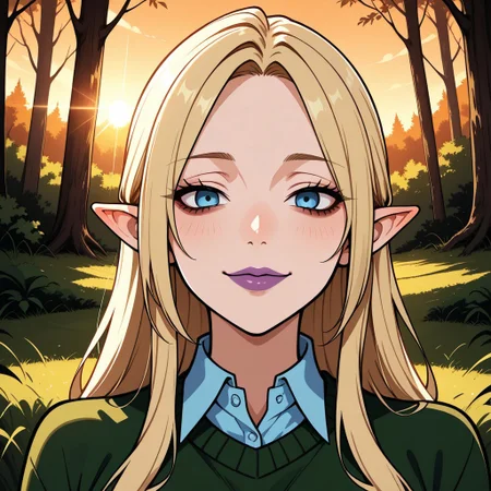 score_9, score_8, BREAK, solo, 1girl, light blonde hair, long hair, blue eyes, bags under eyes, slightly pointy ears, purple lips, lipstick, dark green sweater, cyan collared shirt underneath, dark grey skirt, indigo tights, black loafers, DawnTD, cute, sexy pose, self portrait, smile, looking at viewer, outdoors, sunlight, shadows, evening lighting, natural lighting, forest, trees, grass, orange sky, sunset