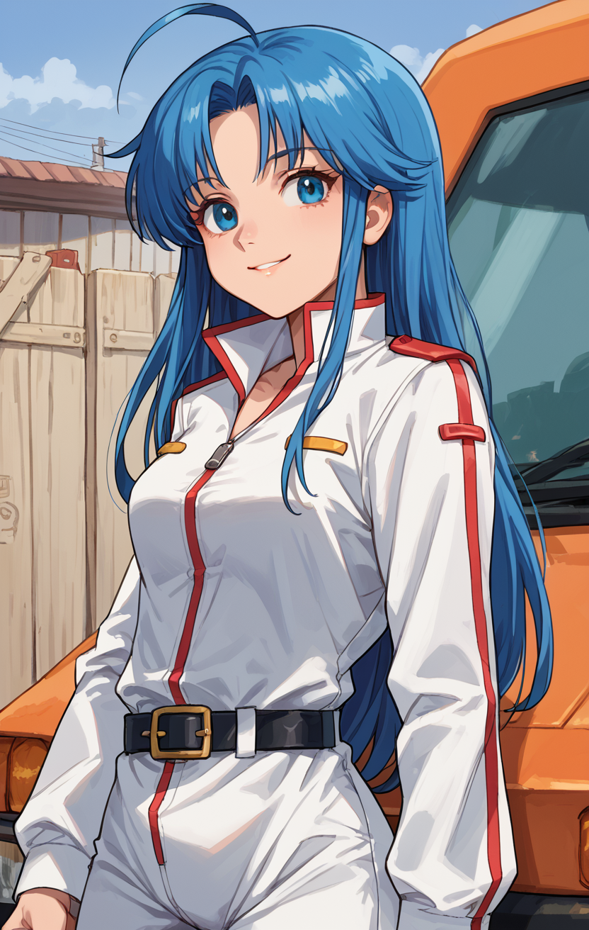 score_9, score_8_up, score_7_up, BREAK highres, absurdres, <lora:CCClarice_PDXL-000005:1> CCClarice, 1girl, solo, upper body, smile, ahoge, white jumpsuit, belt, garage