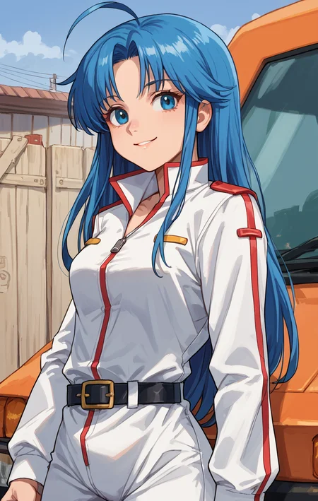 score_9, score_8_up, score_7_up, BREAK highres, absurdres, <lora:CCClarice_PDXL-000005:1> CCClarice, 1girl, solo, upper body, smile, ahoge, white jumpsuit, belt, garage