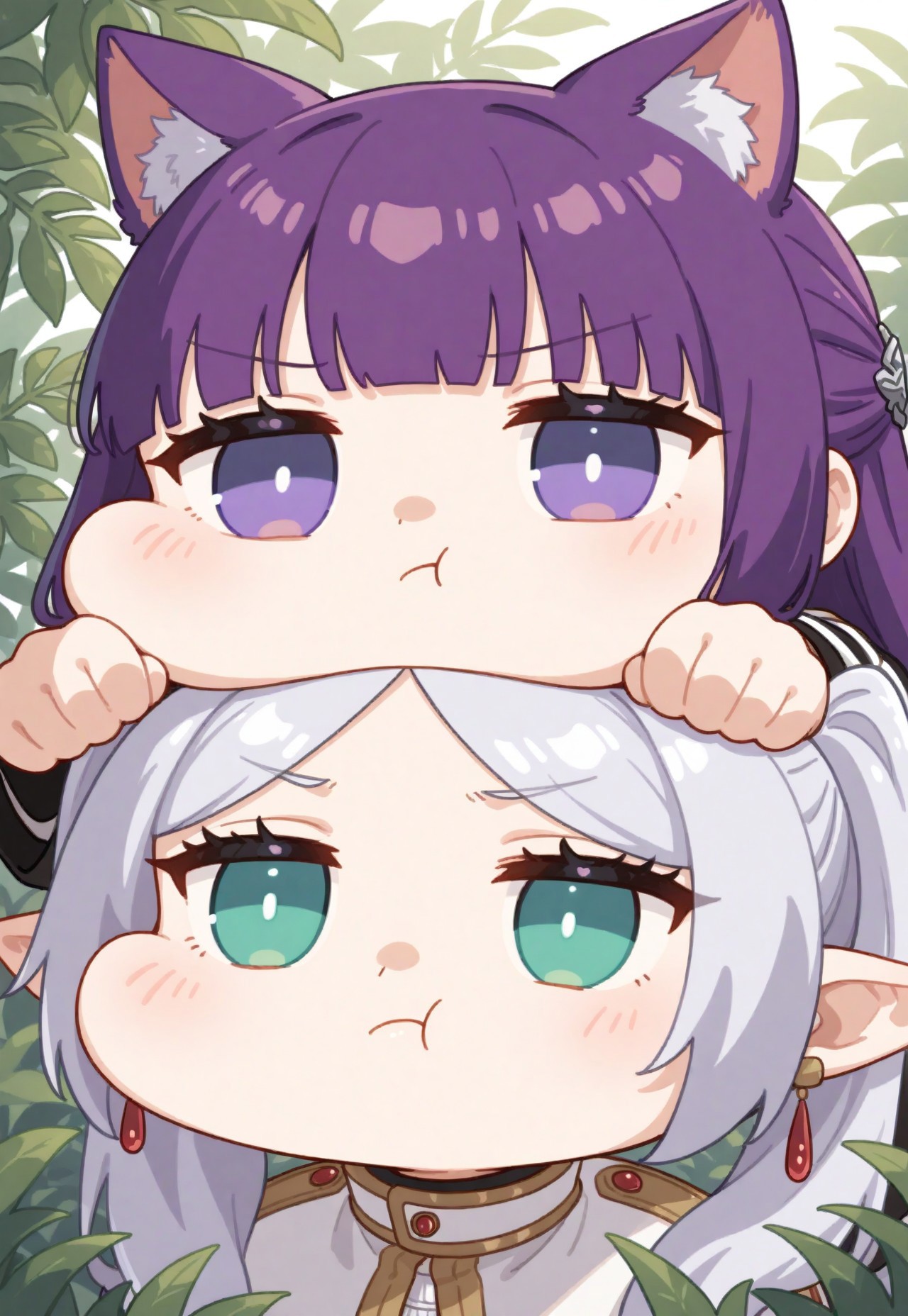  masterpiece, newest, absurdres, safe, masterpiece, best quality, newest, highres, absurdres, 1girl, fern, solo, sousounofrieren, purple hair, chibi, cat ears, pout